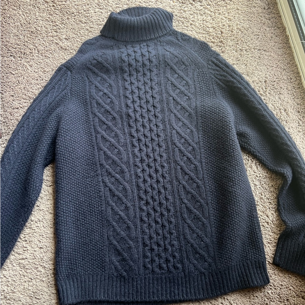 NWOT naadam mens wool cable knit sweater Large navy turtleneck